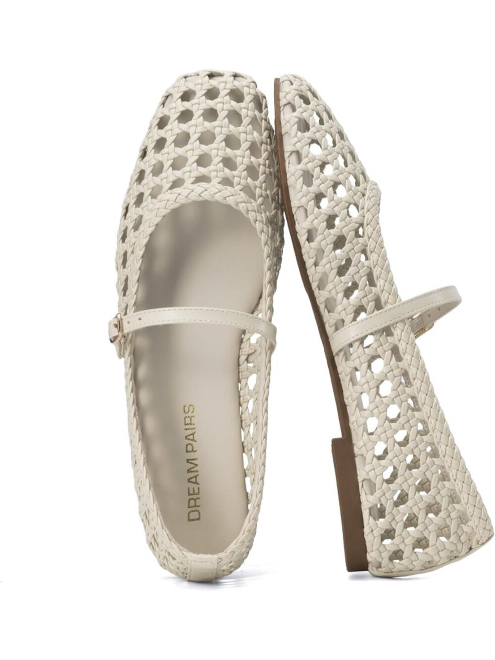 Women's Woven Mesh Ballet Flats Beige Square Toe Mary Jane Dressy Shoes